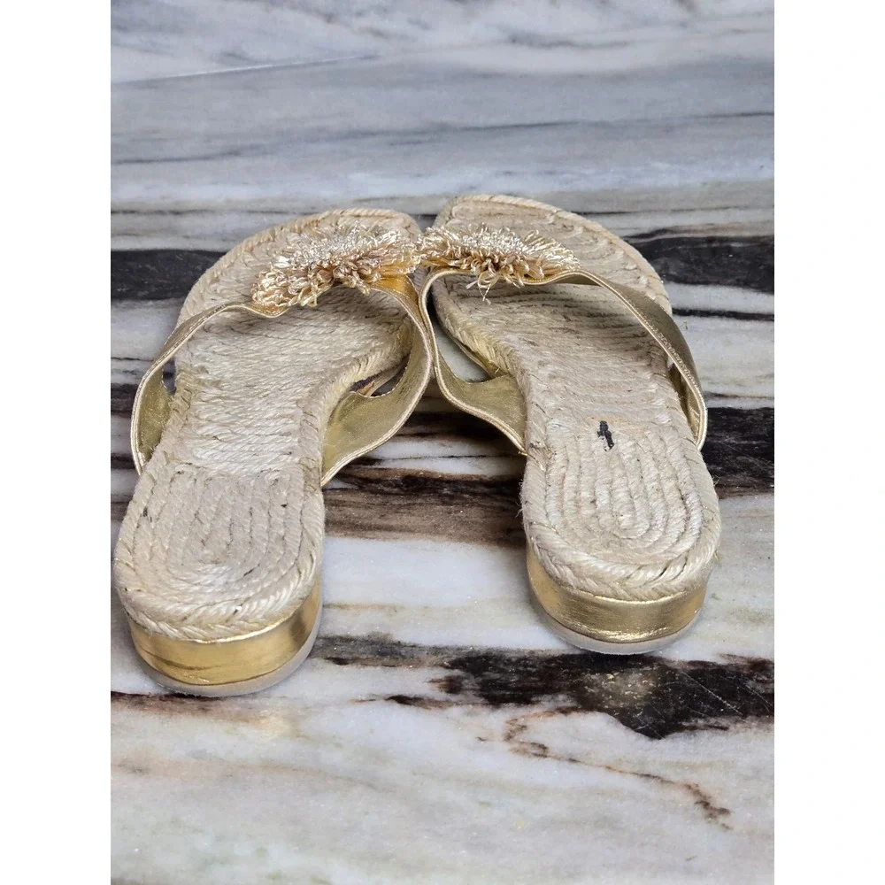 Gold Metallic Espadrille Thong Sandals Beaded Flower Pom Pom Made in Spain‎ 9B
